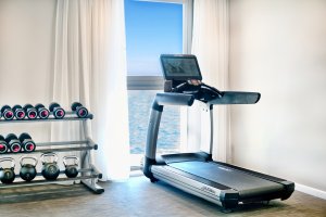 moderner fitness bereich im 7 pines hotel auf ibiza mit direktem blick auf das mittelmeer durch die großen fenster