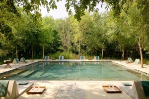 relaxen im Pool, Aman-i-Khas Resort, Ranthambore Nationalpark, Indien 