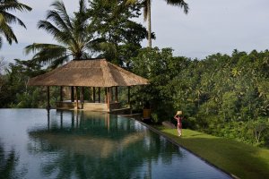 traumhafter pool mit ausblick auf palmen im amandari resort in bali indonesien