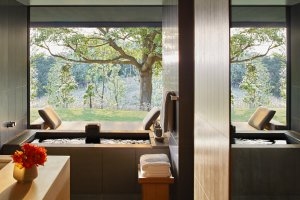 Blick vom Onsenbad der Mori Suite mit Blick auf den Garten im Amanemu Japan