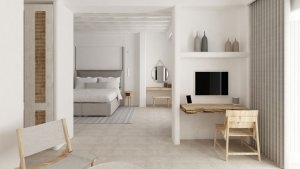 großer und heller Wohnraum einer Bachelor Coast Suite im Bill & Coo Leading Hotels of the World Mykonos Griechenland