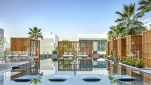 geradliniger pool mit vielen palmen und steinen im wasser dahinter das luxushotel mit großen glasflächen