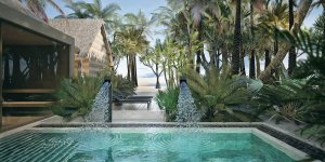 harmonisch gestalteter außenbereich des spa im luxushotel joali malediven mit vielen palmen und blick auf das meer