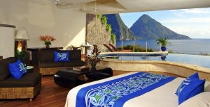 traumhafter ausblick vom schlafzimmer im jade mountain luxus resort in st. lucia karibik