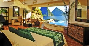 moderner offener wohnbereich mit ausblick im jade mountain luxus resort in st. lucia karibik