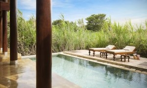 kleiner privater pool mit zwei liegen vor bambusfeldern und blauem himmel