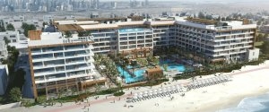 foto vom grossen modernen hotelkomplex des hochklassigen luxus hotels mit pool und palmen direkt am strand und meer vom oriental mandarin jumeira in den vereinigten arabischen emiraten im orient