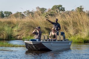 boot im okavango delta auf safari mit schilfgras im hintergund und ferngläsern in der hand bereit für tirische sichtungen