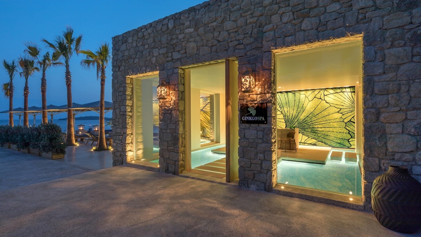 aussenablick vom ginko spa bereich mit viel glas und steinen im eingangsbereich steinplatten im wasser und aussen glatt geschliffener stein boden mit palmen und meerblick im luxuriösen hochklassigen exklusiven designer hotel santa marina auf mykonos in gr