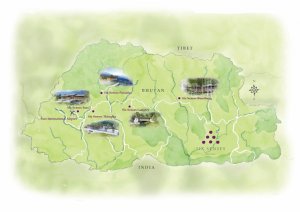 überblick karte von den six senses luxus lodges in bhutan