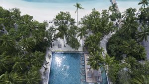 blick von oben direkt auf den pool inmitten von palmen am weißen sandstrand der malediven auf vakkaru