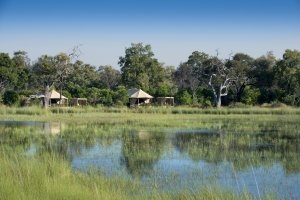 blick auf die Luxussuites über einen See des andBeyond Nxabega Okavango Tented Camp auf Ihrer Luxusreise Botswana
